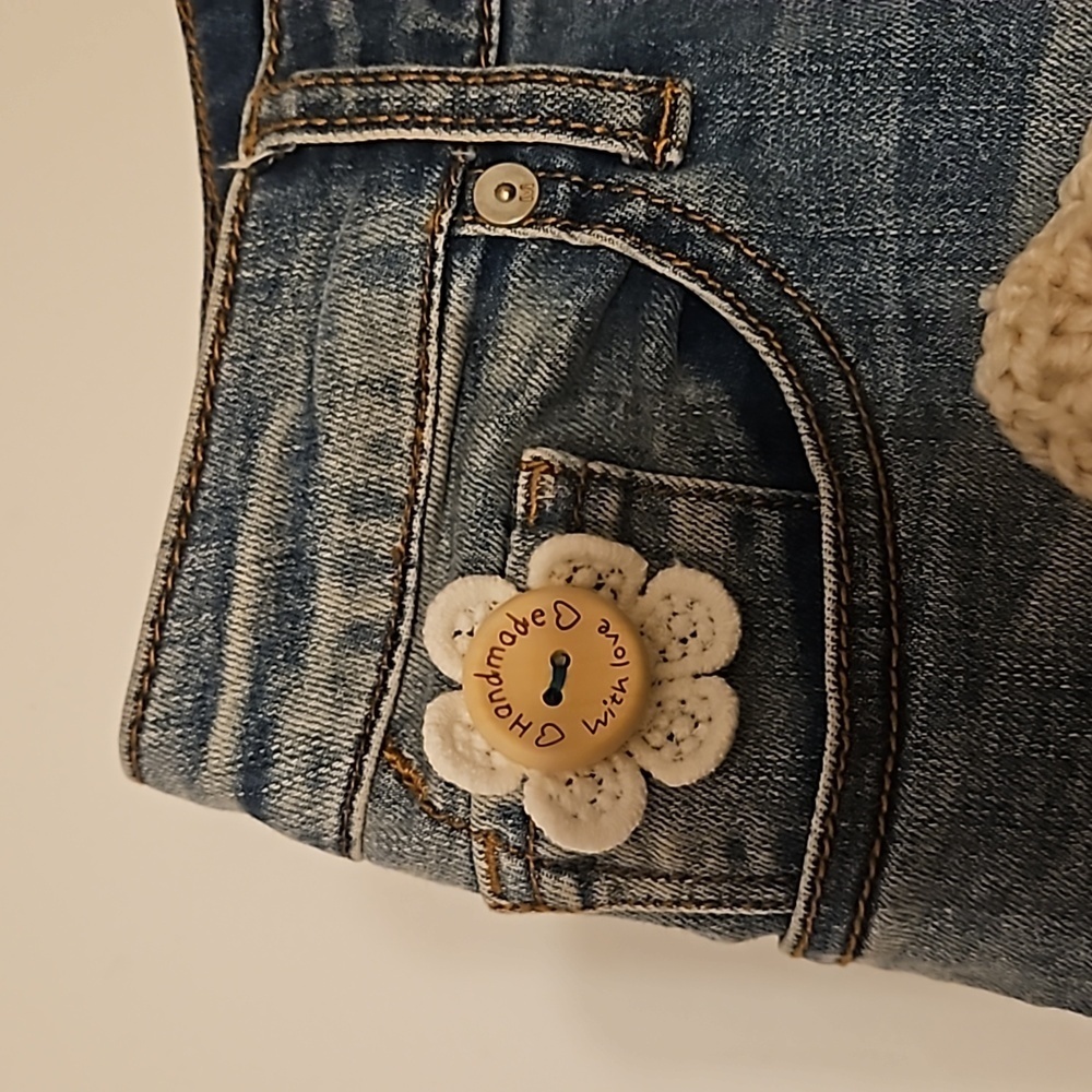 Hand Crafted Upcycled Denim Crochet Shorts Granny Square Handmade High rise 29 - Picture 5 of 17